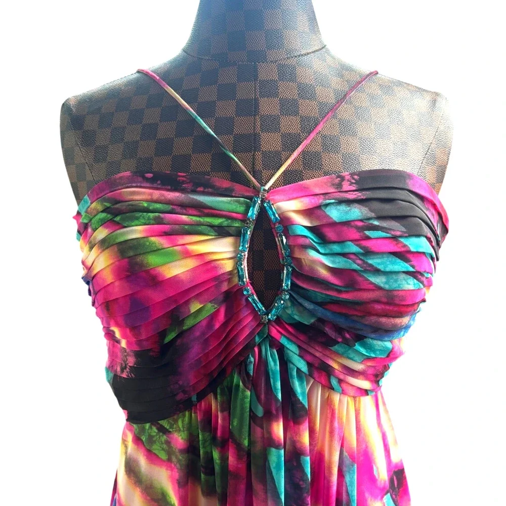 Betsy & Adam Maxi Dress Size 8 Pink Abstract Print Jeweled Empire Waist Formal